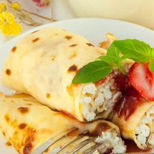 leaves, mint, curd, strawberries, pancakes