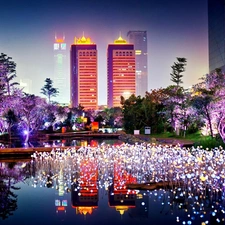 color, skyscrapers, lake, clouds, Town, light, reflection