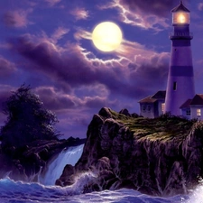 clouds, water, Lighthouse, moon