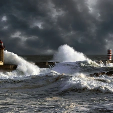 Lighthouse, maritime, sea, Waves, clouds