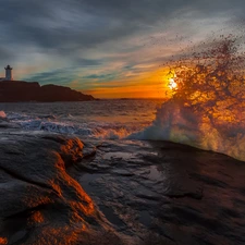 Lighthouses, Great Sunsets, Coast, Waves, Rocky