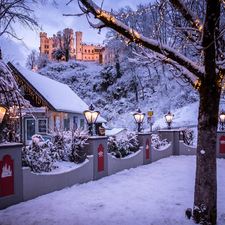 Lamps, viewes, Bavaria, Home, Germany, winter, Hill, lighting, Shop, Hohenschwangau Castle, ledge, Schwangau Commune, trees