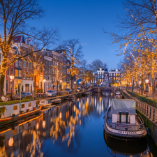 canal, boats, Netherlands, Lamp, Amsterdam, Houses, Street, lighting