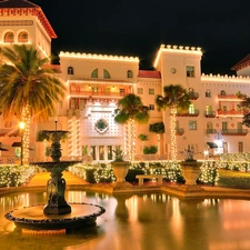 Hotel hall, Palms, lights, fountain