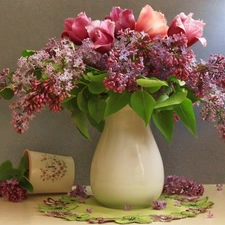 Lilacs, bouquet, tulips