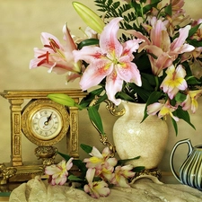 jug, bouquet, Tiger lily, Clock