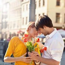 bouquet, a man, apartment house, love, Women, tulips, blur