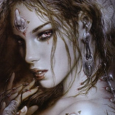 girl, finger, Luis Royo, ear-ring