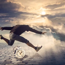 clouds, jump, time, light breaking through sky, a man, alarm clock, causeway