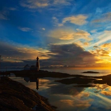 maritime, reflection, sun, Lighthouse, west