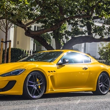 maserati, Yellow, trees, house, Gran Turismo, Automobile