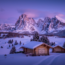 Trentino-Alto Adige, Italy, Dolomites Mountains, Seiser Alm Meadow, Houses, clouds, trees, viewes, winter