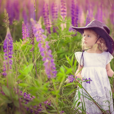 girl, lupine, Meadow, Hat