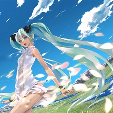 clouds, Hatsune Miku, Meadow