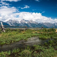 Mountains, River, Meadow, clouds