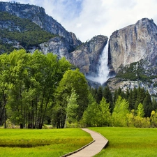 Meadow, Mountains, waterfall