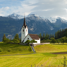 church, woods, medows, Mountains