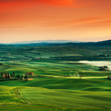 field, Farms, medows, Mountains, Tuscany, Italy, sun, panorama, west