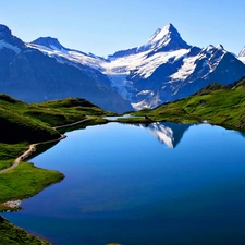 medows, Way, Bechalpsee, Mountains, lake