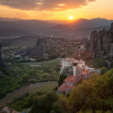 Mountains, Varlaam Monastery, rocks, Monastery Varlam, Greece, Massif Of Meteora, Great Sunsets