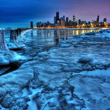 night, panorama, Michigan, Icecream, lake, Chicago