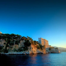 house, sea, Monaco, rocks