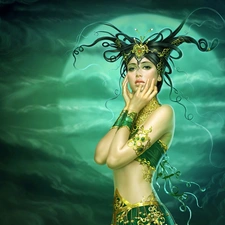 Women, Green, moon, head-dress