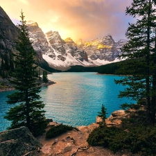 forest, Alberta, Lake Moraine, viewes, Valley of the Ten Peaks, Canada, Banff National Park, Mountains, trees, Valley of the Ten Peaks