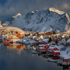 Moskenesoya Island, Reine Village, winter, Houses, clouds, Lofoten, Norway, Mountains