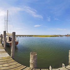 pier, boats, Motor boat, water