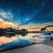 Motor boat, River, sun, Sky, west