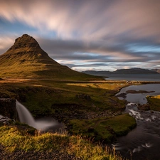 River, iceland, clouds, Kirkjufellsfoss Waterfall, grass, Kirkjufell Mountain