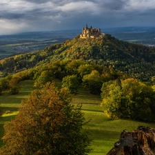 Hohenzollern Castle, Hohenzollern Mountain, forest, trees, Baden-Württemberg, Germany, clouds, Hill, viewes