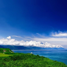 Mountains, clouds, maritime, Coast, Lighthouse