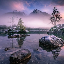 Stones, viewes, Bavaria, Fog, Germany, Alps, Lake Hintersee, Mountains, snow, winter, rocks, Berchtesgaden, trees