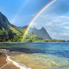 sea, Great Rainbows, Mountains