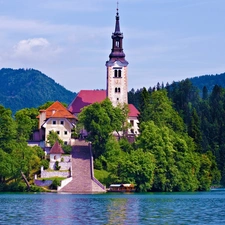 Bled, Slovenia, lake, Mountains, Church