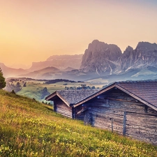 Meadow, huts, Mountains, wood