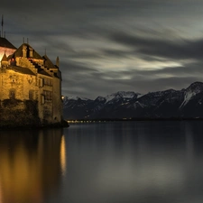 Mountains, Night, Castle, lake, Floodlit