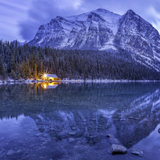 house, Province of Alberta, Lake Louise, clouds, Mountains, Canada, Banff National Park, winter, Stones, forest