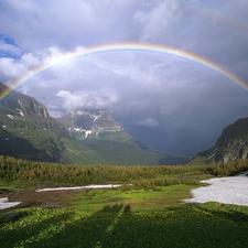 Great Rainbows, clouds, Mountains, Sky