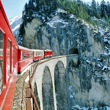 Red, bridge, Mountains, Train