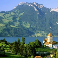 Mountains, Church, River