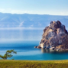 Mountains, lake, rocks