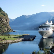 Ship, Gulf, Mountains, passenger