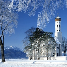 Mountains, snow, viewes, Church, trees