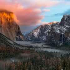 State of California, The United States, Yosemite National Park, Mountains, Sky, clouds, woods, Fog, El Capitan Peak