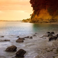 mountains, water, Stones