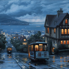 Houses, Street, painting, Eugeny Lushpin, Mountains, trams