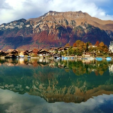 Mountains, Switzerland, by, lake, Houses